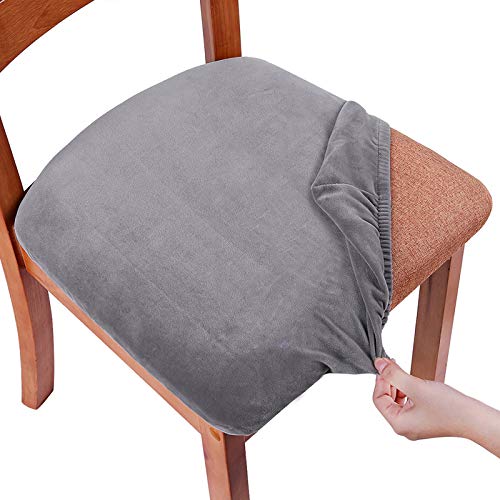 Smiry Velvet Seat Covers for Dining Room Chair Set of 2, Stretch Fit Removable Washable Chair Seat Cushion Protector Slipcovers with Ties, Grey - Image 1