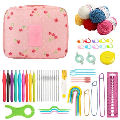 Tusmad Crochet Set Knitting Needle Kit 107 Pcs Starter Kit for Beginners, Ergonomic, Crochet Hooks Travel Bag,for Beginners Adults or Kids Crochet Kits Include Yarn with Crochet Hooks, Stitch Markers & Accessories (Cherry Pink color storage bag ) - Image 1