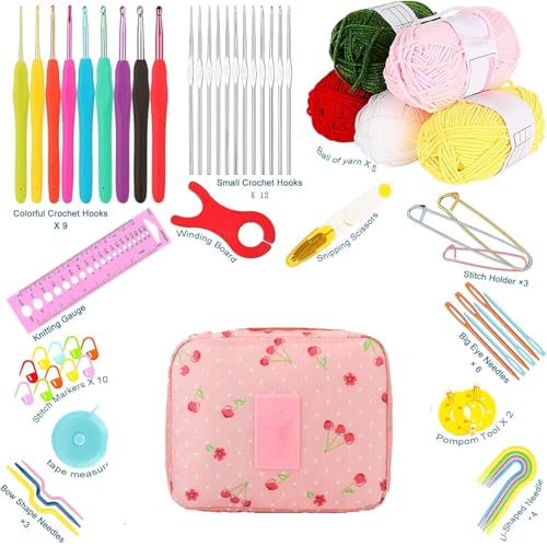 Tusmad Crochet Set Knitting Needle Kit 107 Pcs Starter Kit for Beginners, Ergonomic, Crochet Hooks Travel Bag,for Beginners Adults or Kids Crochet Kits Include Yarn with Crochet Hooks, Stitch Markers & Accessories (Cherry Pink color storage bag ) - Image 3