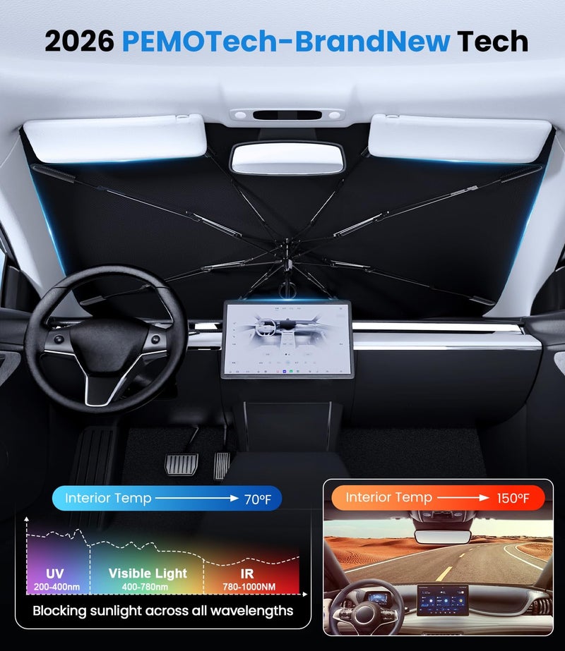 PEMOTech 【2026 Upgraded】 Classy Umbrella | Windshield Sun Shade for Four-Door Sedan and Large | Keep Cool & Protect Interior | Reliable UV Blocker&Heat Shield | Car Window Shades | Medium (57"x32") - Image 2