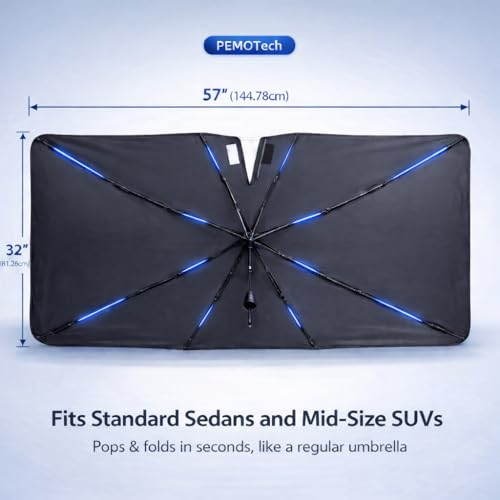 PEMOTech 【2026 Upgraded】 Classy Umbrella | Windshield Sun Shade for Four-Door Sedan and Large | Keep Cool & Protect Interior | Reliable UV Blocker&Heat Shield | Car Window Shades | Medium (57"x32") - Image 3