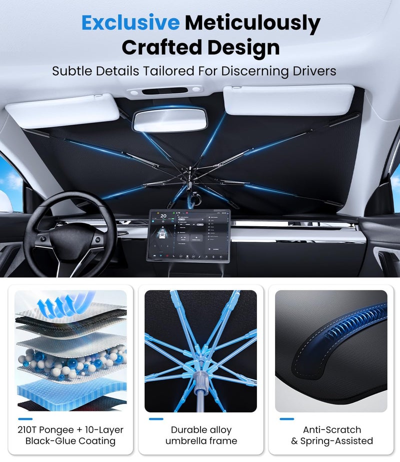 PEMOTech 【2026 Upgraded】 Classy Umbrella | Windshield Sun Shade for Four-Door Sedan and Large | Keep Cool & Protect Interior | Reliable UV Blocker&Heat Shield | Car Window Shades | Medium (57"x32") - Image 4