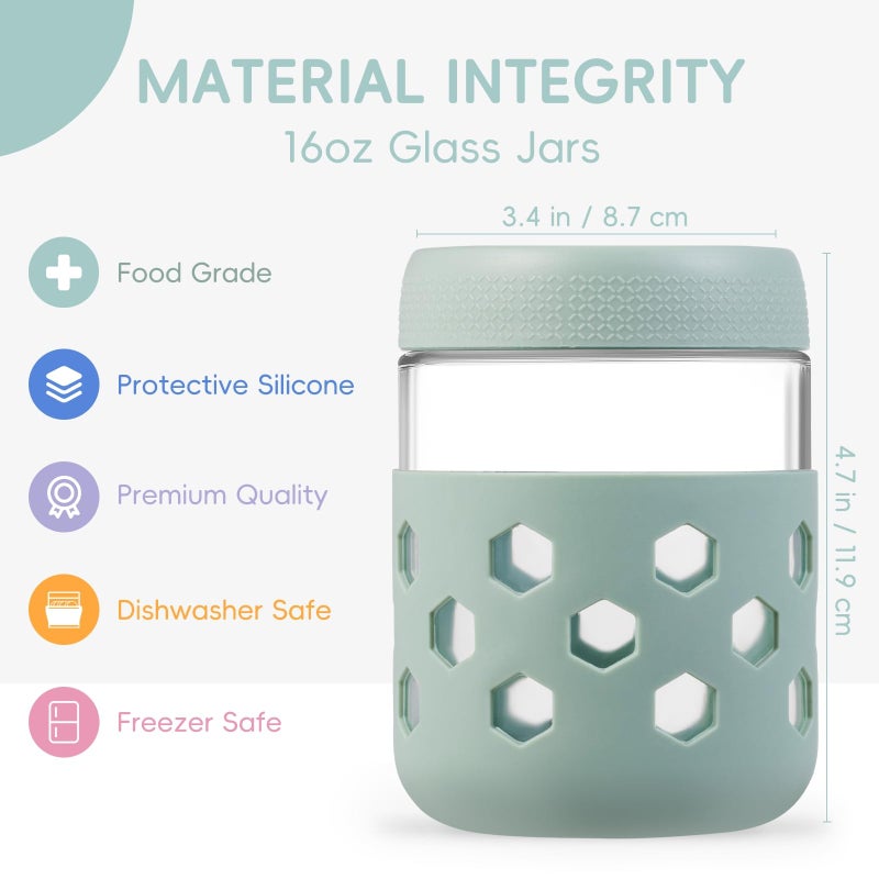 Gemice 6-Pack 16oz Glass Mason Jars with Silicone Sleeves, Airtight BPA-Free Overnight Oats Containers with Lids, Dishwasher Safe Leak-Proof Meal Prep Jars for Chia Pudding, Yogurt, Snacks - Image 3