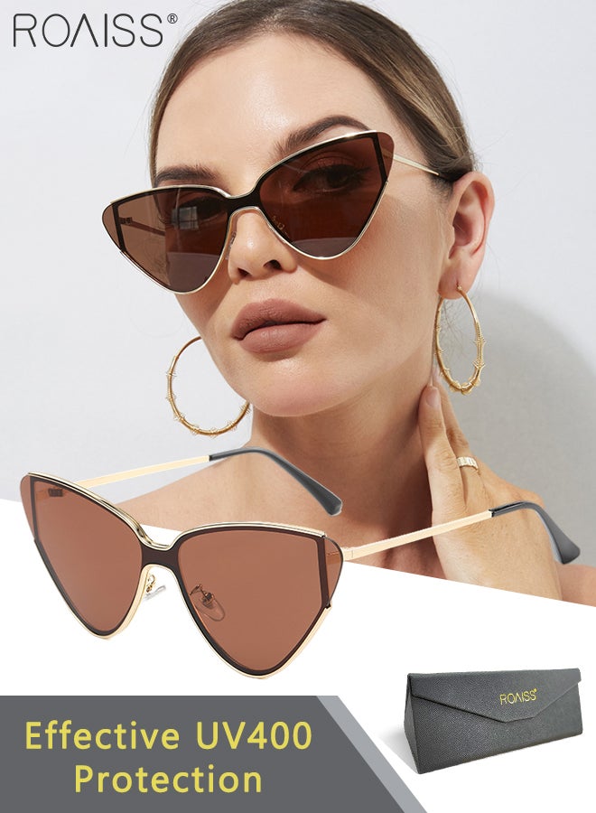 رويس نظارة شمسية كلاسيكية على شكل عين القطة بإطار معدني ضيق للنساء، نظارات شمسية مضادة للتوهج بعدسات بنية اللون، مع حافظة نظارات، 69 مم - Image 1