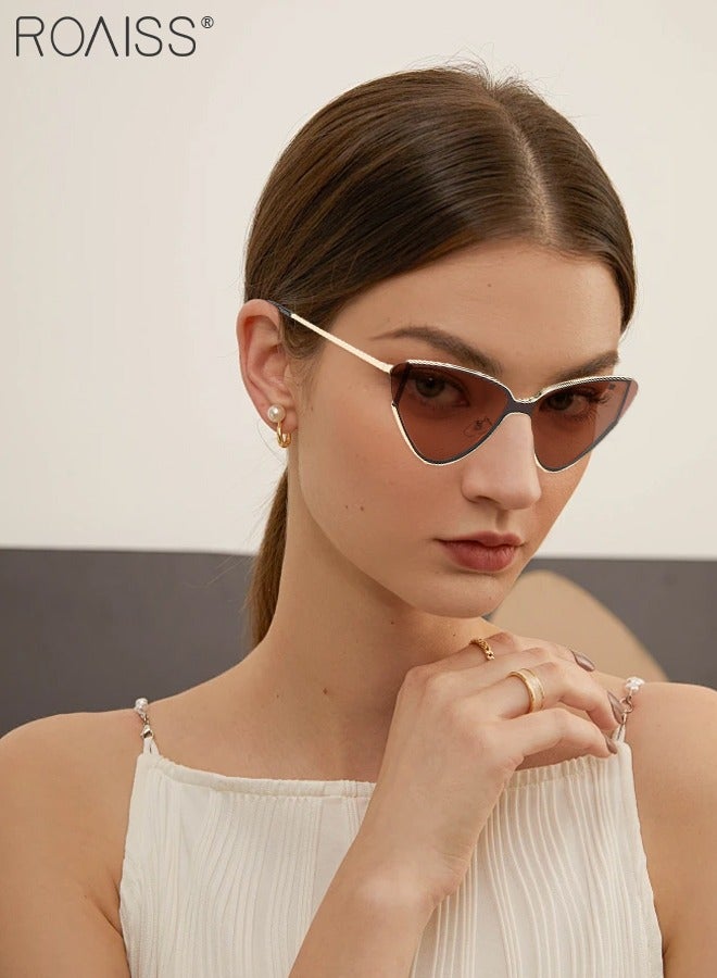 رويس نظارة شمسية كلاسيكية على شكل عين القطة بإطار معدني ضيق للنساء، نظارات شمسية مضادة للتوهج بعدسات بنية اللون، مع حافظة نظارات، 69 مم - Image 2