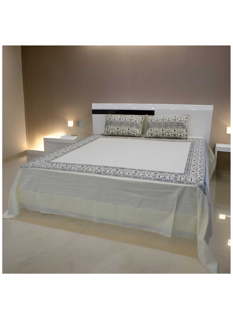 MARHABA CURTAIN 100% Cotton Jaipuri Handblock Print Double Bed Sheet with 2 Pillow Covers Premium Quality, Soft, Breathable (CREAMLILLY BORDER 01)  - Image 2