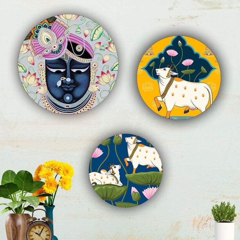 Set of 3 Round Shape Shree Nath Ji Pichwai Cow modern Art MDF Wall Painting for Living Room Home DecorLiving Room Bedroom Cafe Diwali Pongal Festival Decoration item