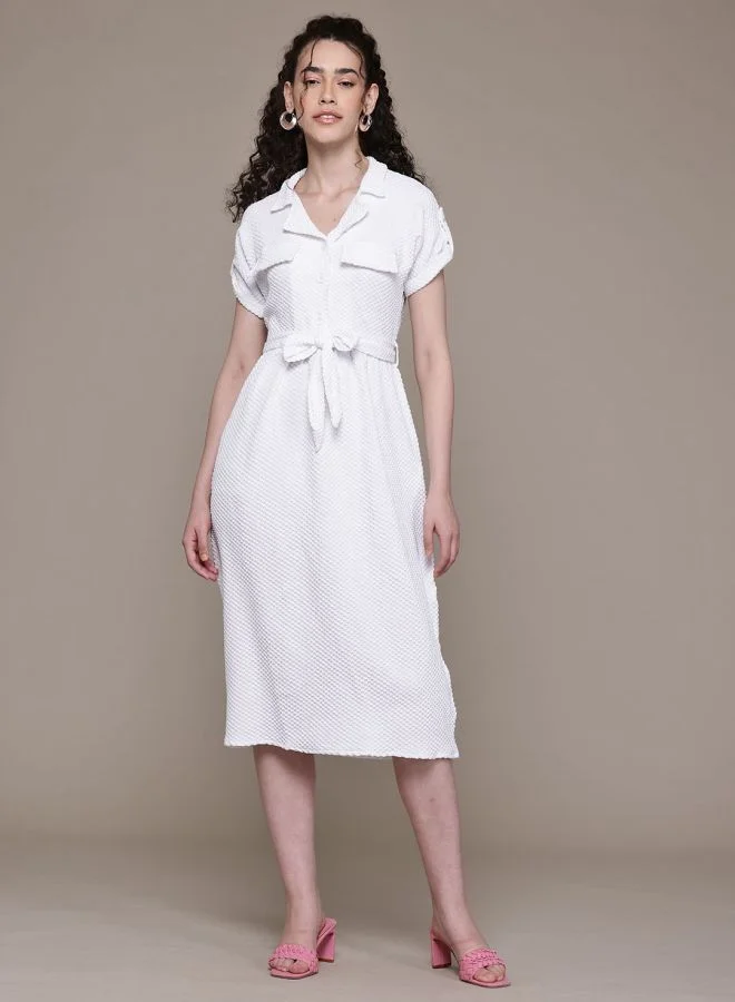 Freehand  Women Relaxed Fit Textured V-Neck Short Sleeve Shirt Dress for Women | Best Price UAE