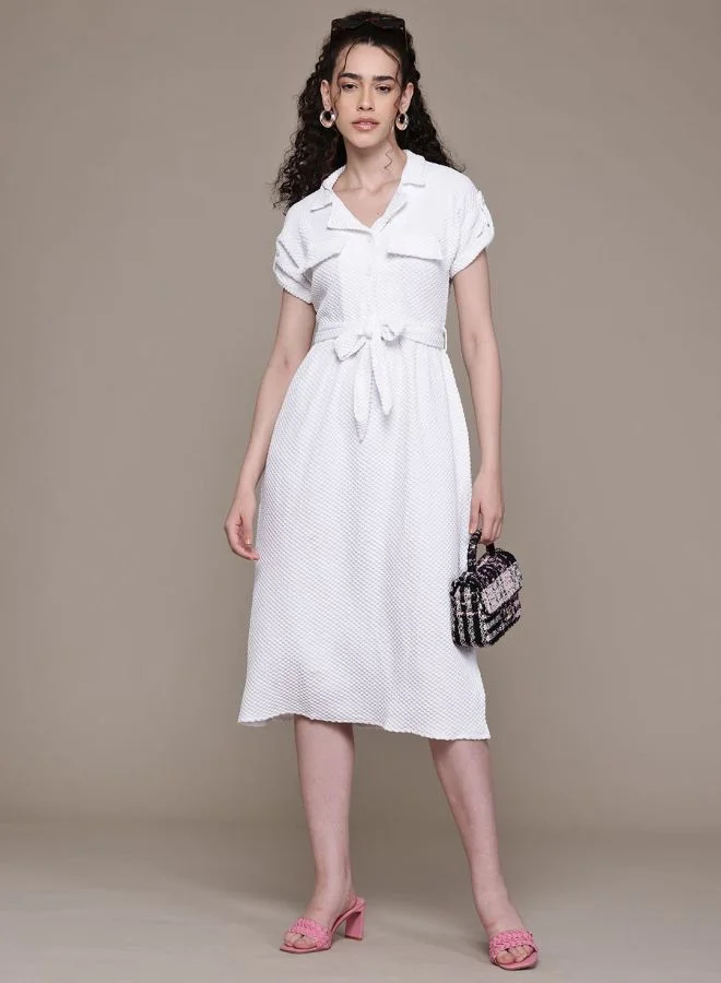 Freehand  Women Relaxed Fit Textured V-Neck Short Sleeve Shirt Dress for Women | Best Price UAE