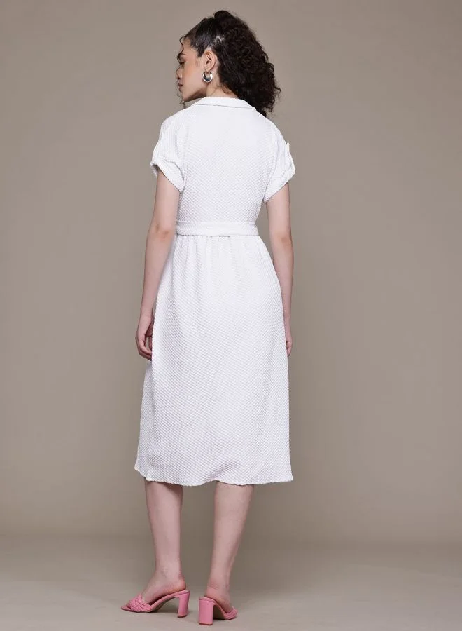 Freehand  Women Relaxed Fit Textured V-Neck Short Sleeve Shirt Dress for Women | Best Price UAE