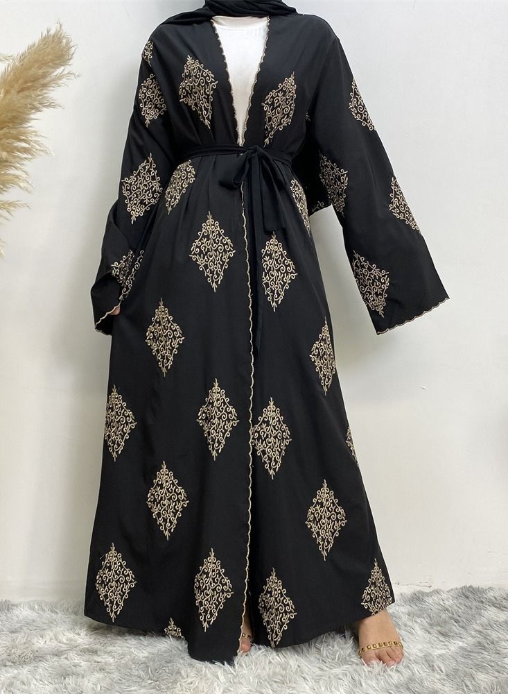 Loquat Heavy Embroidery Cardigan Gown Abaya Black - Image 2