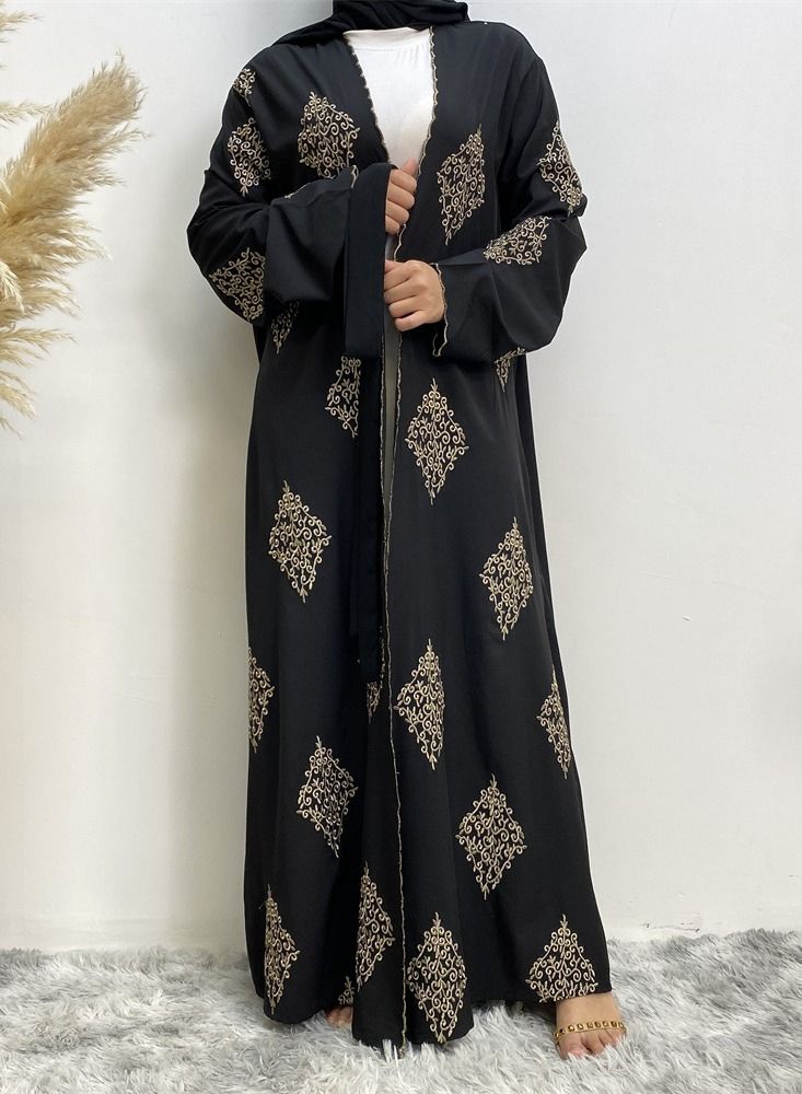 Loquat Heavy Embroidery Cardigan Gown Abaya Black - Image 1