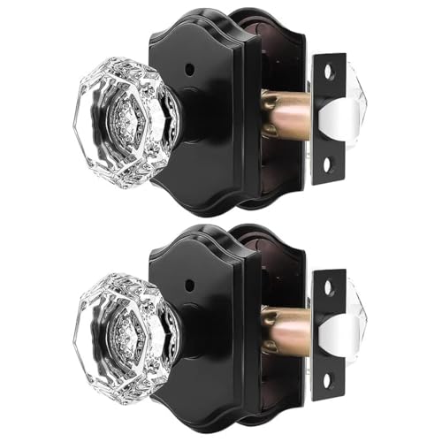 Orger Octagonal Crystal Door Knobs 2 Pack, Interior Privacy Door Handle for Bed/Bathroom with Pin Lock Inside, Black Vintage Rosette Door Knob with Heavy Duty Genuine Glass - Image 1