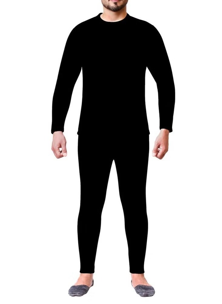 Drosh Men's Winter Pajamas - 2 Pieces - Long Sleeve T-Shirt with Pants - Cotton Outer and Soft Faux Fur Lining - Black - Image 5