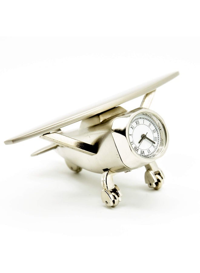 ANALOG TABLE CLOCK AIRCRAFT DESIGN METAL PAPER WEIGHT AIRPLANE SHOWPIECE FOR HOME OFFICE DESK ATION IN SILVER COLOR 7 X 10 X 5 CM