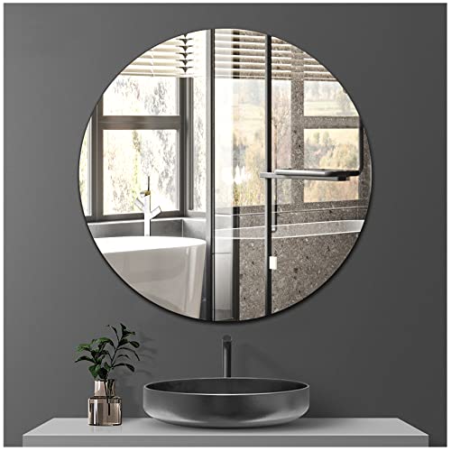Sqinor Self Adhesive Round Mirror Frameless Glass Stick On Wall Mirror 40cm Circle Bathroom Mirror Decorative Mirrors for Bathroom Living Room Entryways Hallway Dressing Table