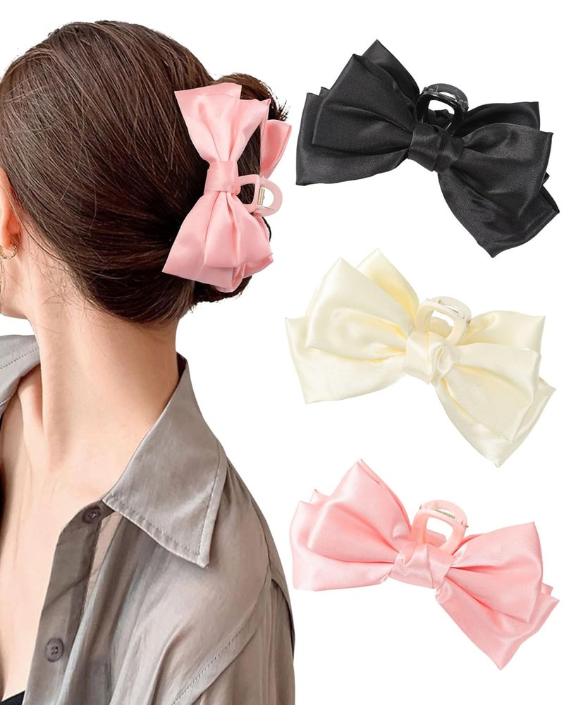 CHLINS 3 Count Bow Claw Clip  Bow Clips for Women in Satin Nonslip Claw Clips for Thick Thin Hair Hair Accessory in Black White Pink
