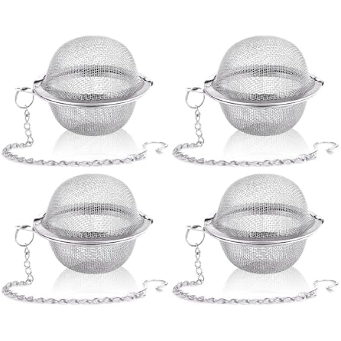 ريحني مجموعة من 4 كرات شاي شبكية من الفولاذ المقاوم للصدأ، مصافي شاي فاخرة لأوراق الشاي السائبة، كرات نقع متينة وسهلة التنظيف مع خطاف سلسلة ممتد مثالي لتوابل الشاي - Image 1