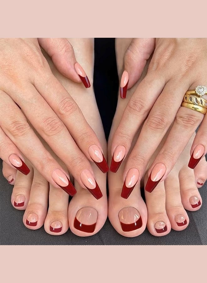 مايا مجموعة أظافر صناعية فرنسية الحواف مكونة من 48 قطعة، تتضمن ملصقات جيلي ومبرد أظافر وعصا خشبية صغيرة (لون عنابي + وردي فاتح). - Image 4