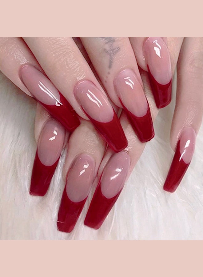 مايا مجموعة أظافر صناعية فرنسية الحواف مكونة من 48 قطعة، تتضمن ملصقات جيلي ومبرد أظافر وعصا خشبية صغيرة (لون عنابي + وردي فاتح). - Image 5