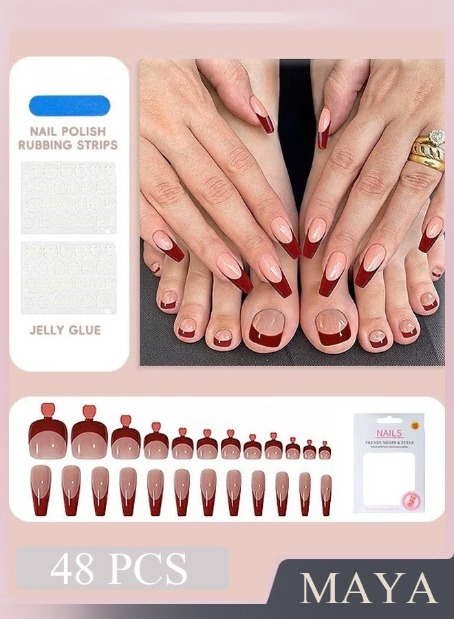 مايا مجموعة أظافر صناعية فرنسية الحواف مكونة من 48 قطعة، تتضمن ملصقات جيلي ومبرد أظافر وعصا خشبية صغيرة (لون عنابي + وردي فاتح). - Image 1