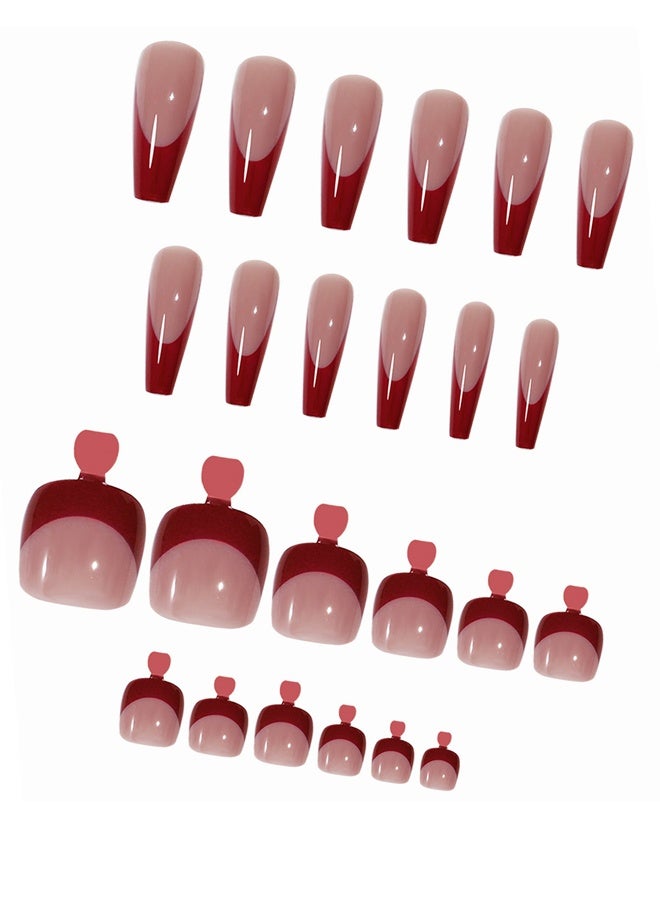 مايا مجموعة أظافر صناعية فرنسية الحواف مكونة من 48 قطعة، تتضمن ملصقات جيلي ومبرد أظافر وعصا خشبية صغيرة (لون عنابي + وردي فاتح). - Image 3