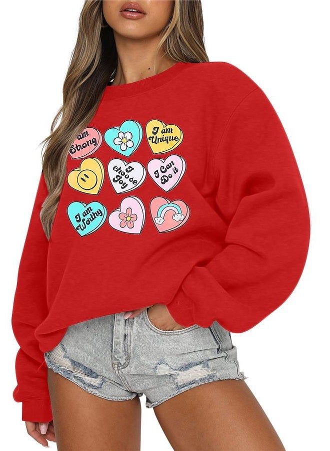 MAXIMGR Teacher Valentine Sweatshirt Women Valentines Day Sweatshirts Teacher Shirt Funny Positive Heart Candy Pullover Top Red - Image 1