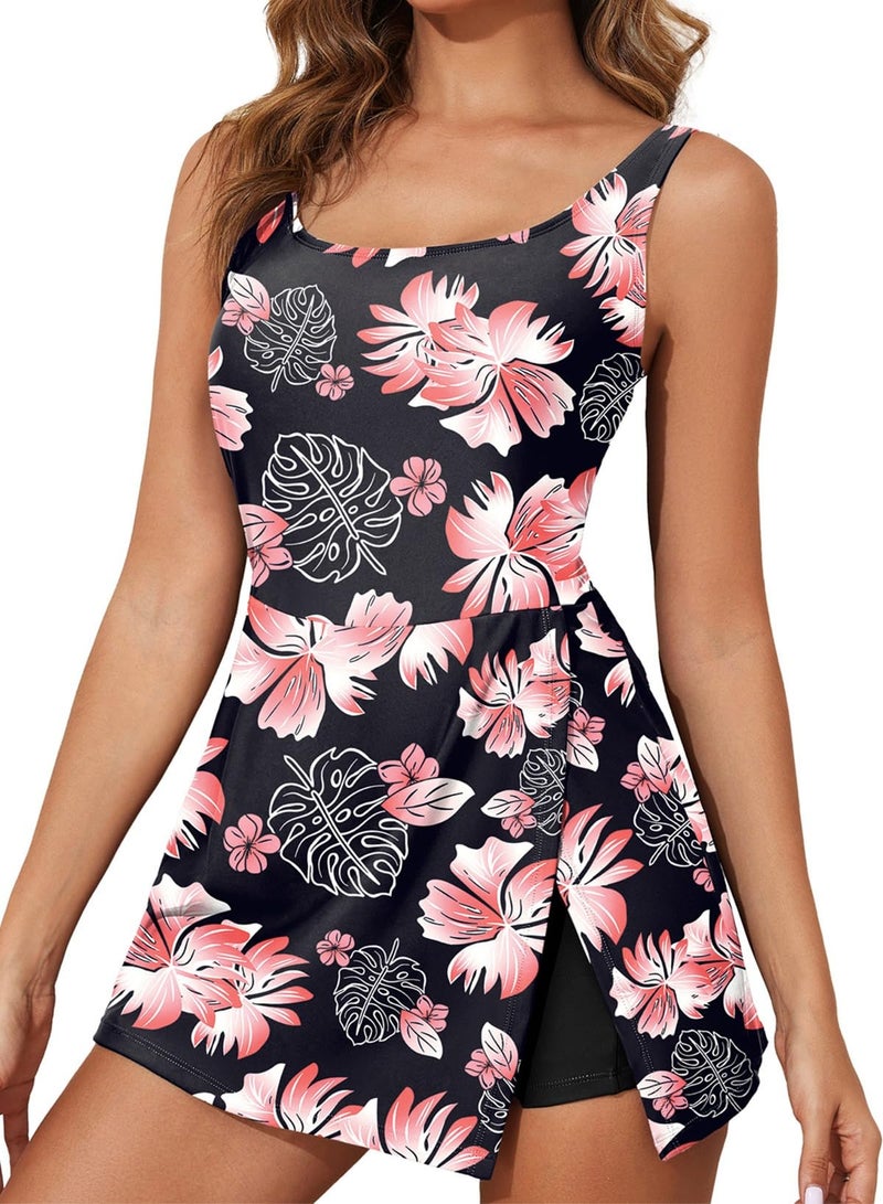 Aleumdr One Piece Swimdress Swimsuit for Women Tummy Control Split Swim Dress Skirt Bathing Suit with Pockets Floral Black X-Large - Image 1