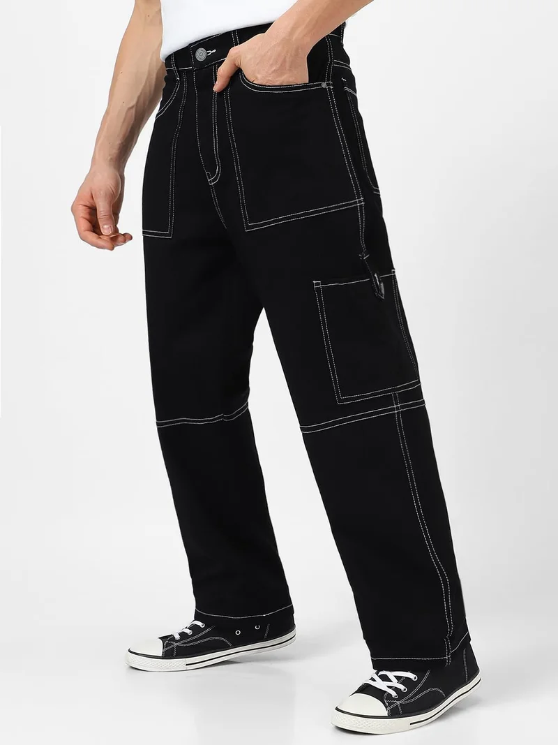 أوربانو فاشن Urbano Fashion Men's Black Loose Baggy Fit Washed Cargo Jeans with 6 Pockets Non-Stretchable