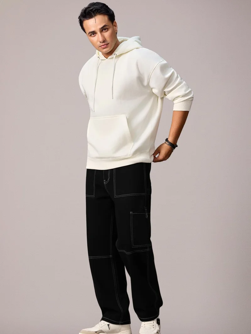 أوربانو فاشن Urbano Fashion Men's Black Loose Baggy Fit Washed Cargo Jeans with 6 Pockets Non-Stretchable