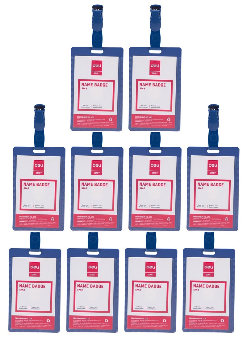 Deli 10-Piece Name Badge Holder With Clip Blue Vertical Orientation  - Image 1