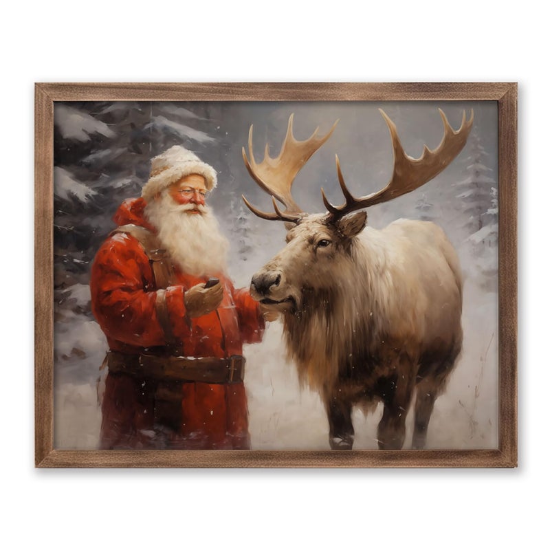 ZEARPT Santa's Reindeer Print  Vintage Christmas Wall Art  Christmas Painting Decor Christmas Art  Santa Claus and Reindeer Xmas Home Decor Trendy Poster Rustic Nordic Decor Winter - Image 2