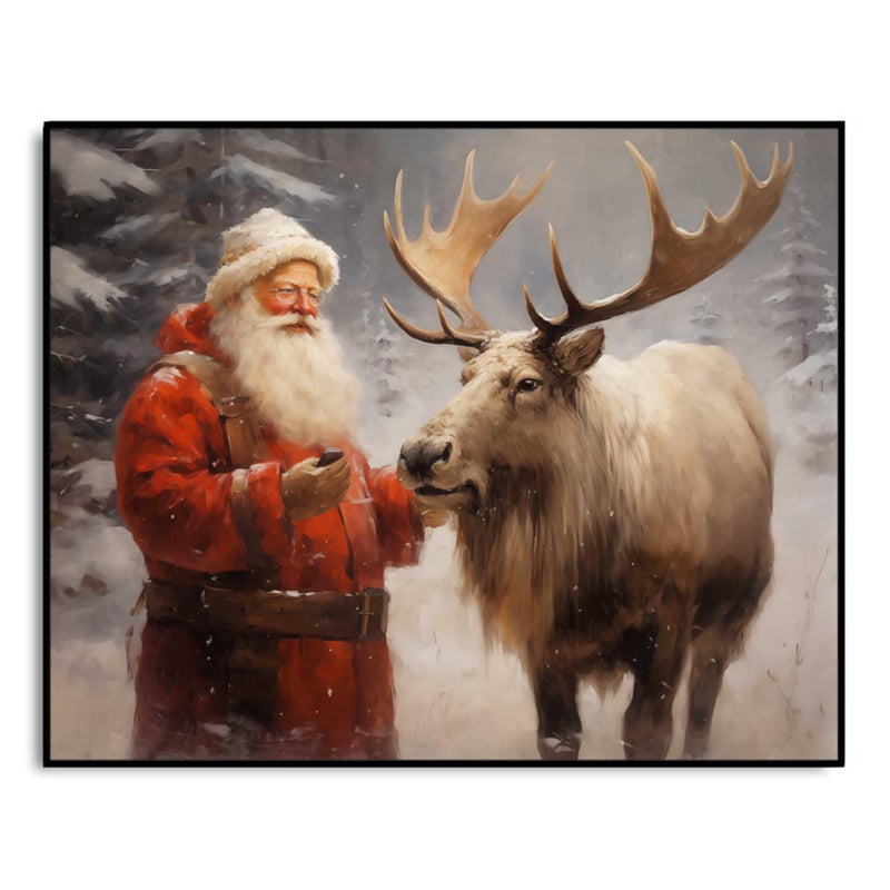 ZEARPT Santa's Reindeer Print  Vintage Christmas Wall Art  Christmas Painting Decor Christmas Art  Santa Claus and Reindeer Xmas Home Decor Trendy Poster Rustic Nordic Decor Winter - Image 3