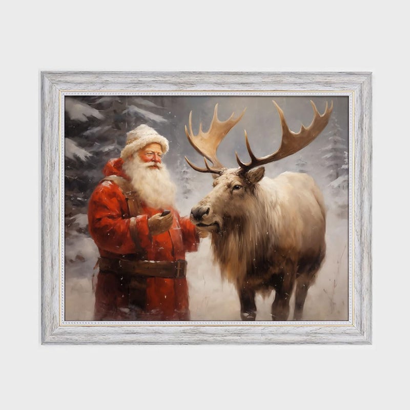 ZEARPT Santa's Reindeer Print  Vintage Christmas Wall Art  Christmas Painting Decor Christmas Art  Santa Claus and Reindeer Xmas Home Decor Trendy Poster Rustic Nordic Decor Winter - Image 4