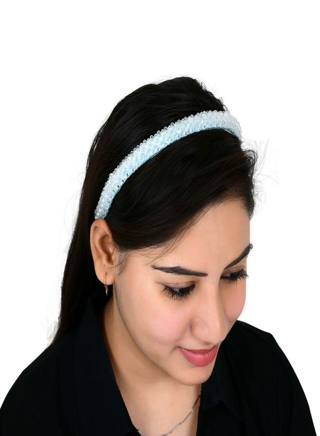 Matkooz طوق شعر ماتكوز مزين بالكريستال والخرز المتعرج، مثالي للحفلات والزفاف، طوق شعر عصري ولطيف مصنوع يدويًا - أزرق ثلجي - Image 4