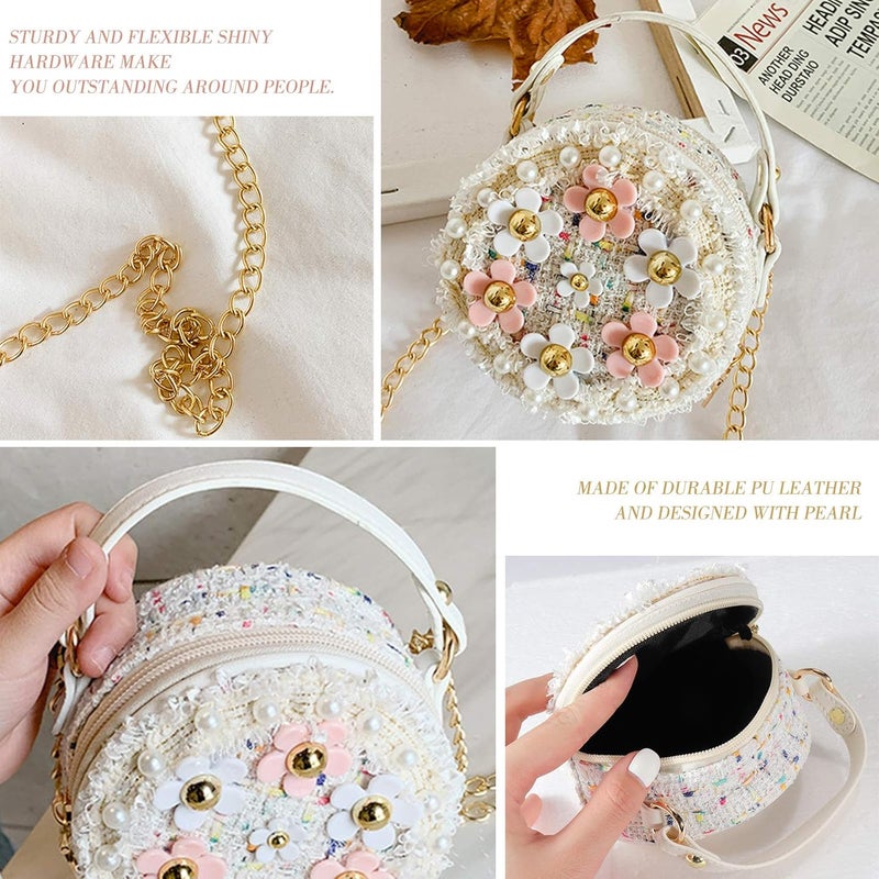 Forwe Store حقيبة كتف صغيرة للفتيات الصغيرات مزينة بزهور اللؤلؤ، حقائب أميرة صغيرة لطيفة بحزام كتف - Image 3