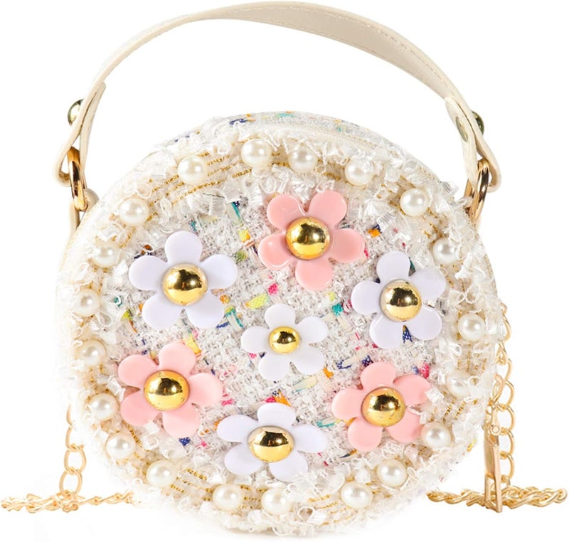 Forwe Store حقيبة كتف صغيرة للفتيات الصغيرات مزينة بزهور اللؤلؤ، حقائب أميرة صغيرة لطيفة بحزام كتف - Image 1