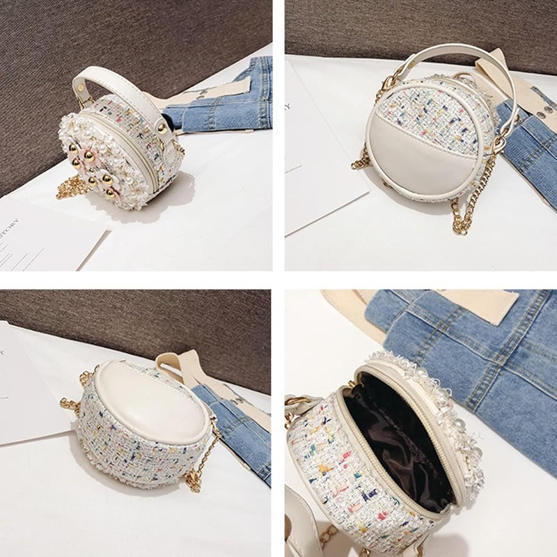 Forwe Store حقيبة كتف صغيرة للفتيات الصغيرات مزينة بزهور اللؤلؤ، حقائب أميرة صغيرة لطيفة بحزام كتف - Image 4