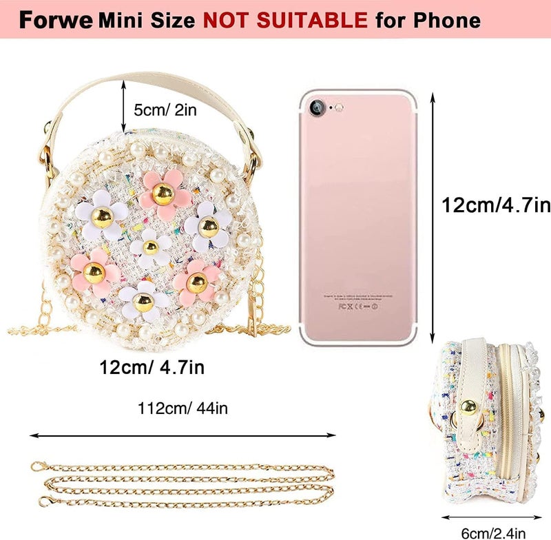 Forwe Store حقيبة كتف صغيرة للفتيات الصغيرات مزينة بزهور اللؤلؤ، حقائب أميرة صغيرة لطيفة بحزام كتف - Image 2