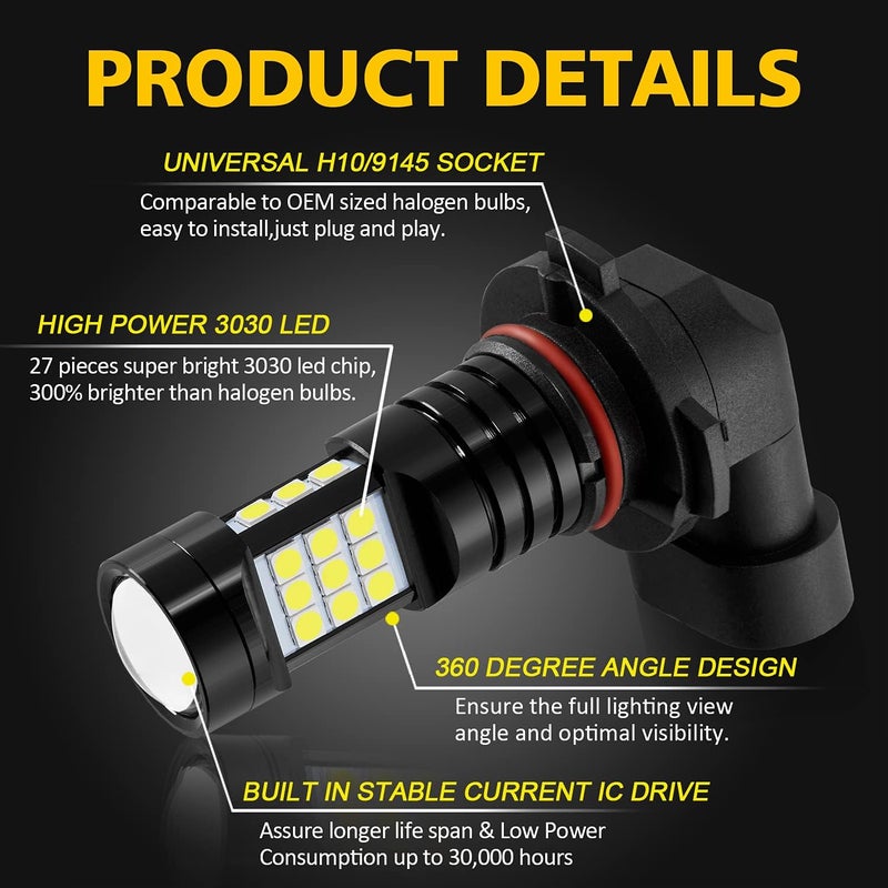 AUXLIGHT H10 LED Fog Light DRL Bulbs, 2400 Lumens Extremely Bright 9145 9140 9045 9155 9040 PY20D Bulbs Replacement for Cars, Trucks, 6000K Xenon White - Image 4