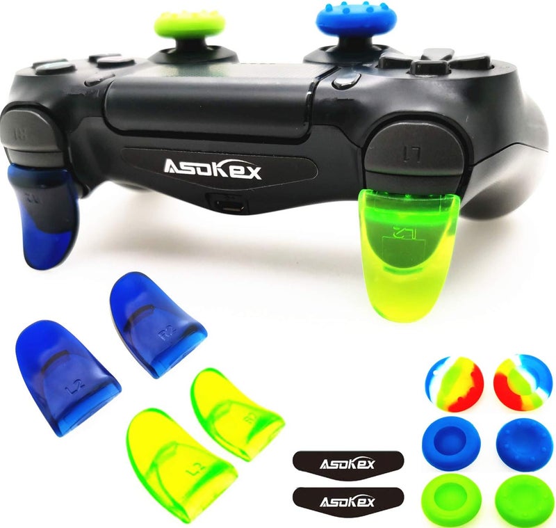 Asokex L2 R2 Triggers Ps4 (2 Pairs Trigger Extender,6Pcs Thumbstick Grips, 2 Pairs LED Light Bar Decal) for Ps4 Dualshock Controller(Green&Blue) - Image 1