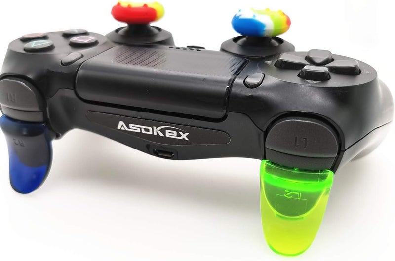 Asokex L2 R2 Triggers Ps4 (2 Pairs Trigger Extender,6Pcs Thumbstick Grips, 2 Pairs LED Light Bar Decal) for Ps4 Dualshock Controller(Green&Blue) - Image 2