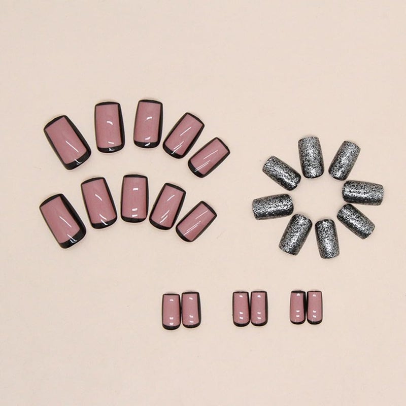 S.A.V.I SAVI 24 PCs Medium Length Square Shape Nude and Black Glitter Presson Fake Nails DIY Manicure Kit LongLasting Easy to Apply For All Occasions Fashion Nail Art - Image 5