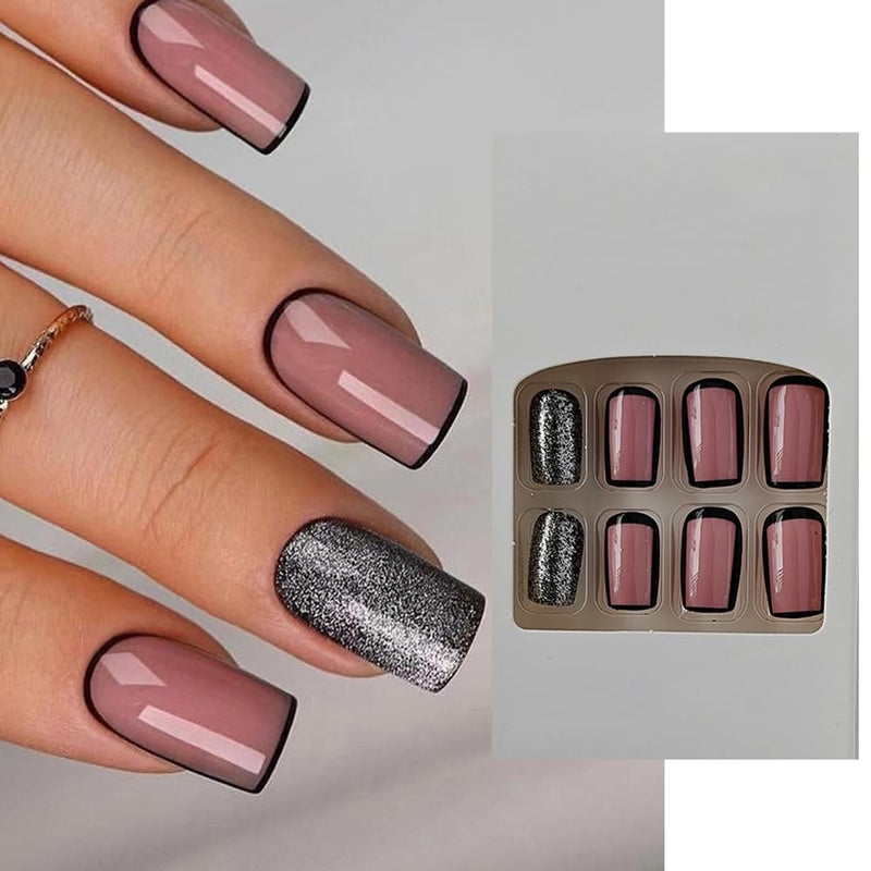 S.A.V.I SAVI 24 PCs Medium Length Square Shape Nude and Black Glitter Presson Fake Nails DIY Manicure Kit LongLasting Easy to Apply For All Occasions Fashion Nail Art - Image 1