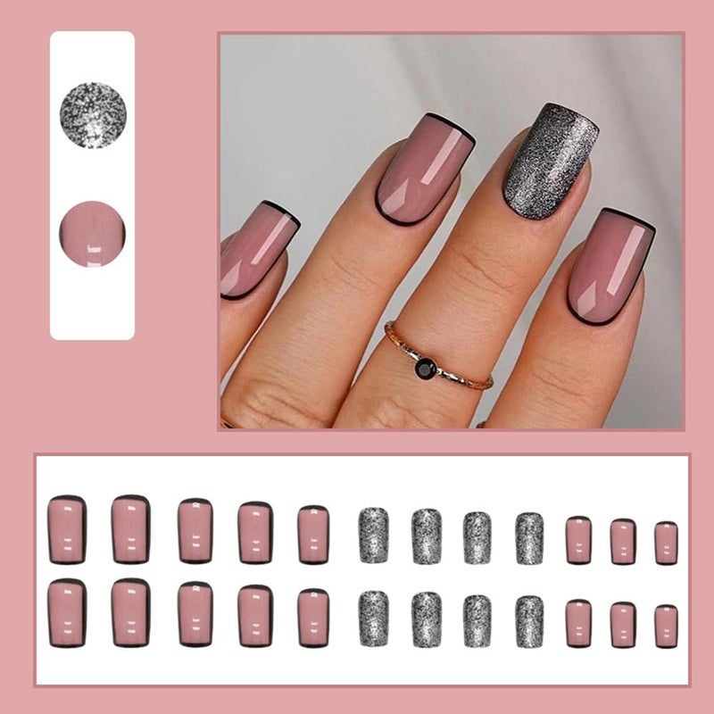 S.A.V.I SAVI 24 PCs Medium Length Square Shape Nude and Black Glitter Presson Fake Nails DIY Manicure Kit LongLasting Easy to Apply For All Occasions Fashion Nail Art - Image 2