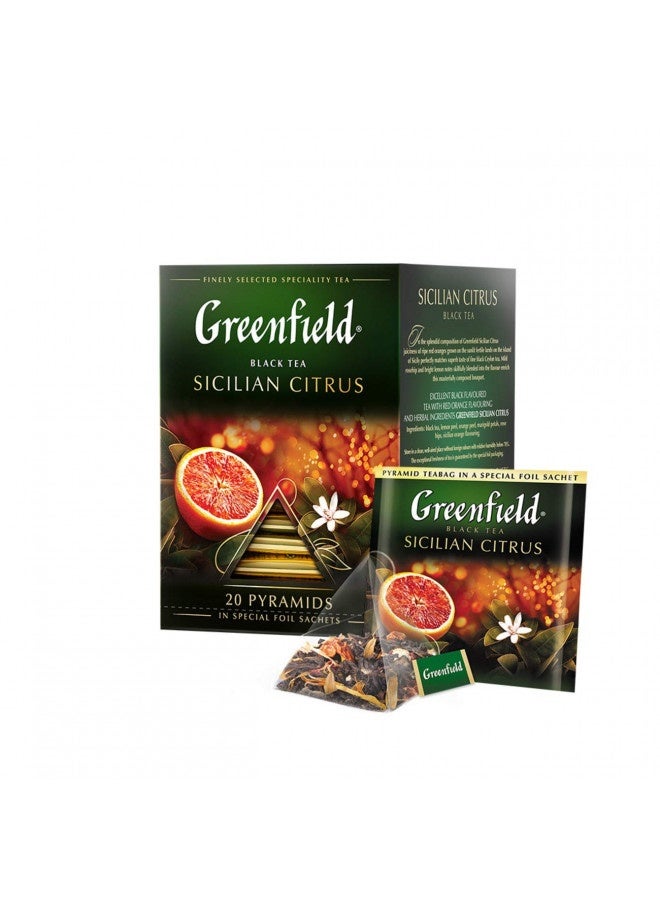 Greenfield Sicilian Citrus Pyramid Collection 20 Pyramids In Special Foil Sachets Black Tea Finely Selected Speciality Tea - Image 1