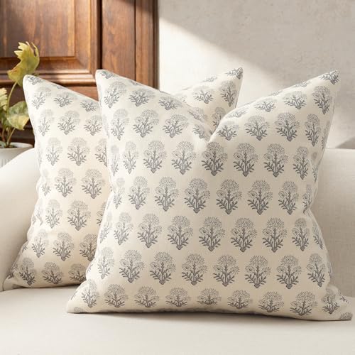 DKwizme Farmhouse Floral Pillow Covers 18x18 Set of 2, Country Botanical Throw Pillow Cover for Sofa Couch Bed Living Room, Rustic Vintage Flower Cushion Covers Cottage Home Decor,Rustic Gray - Image 1