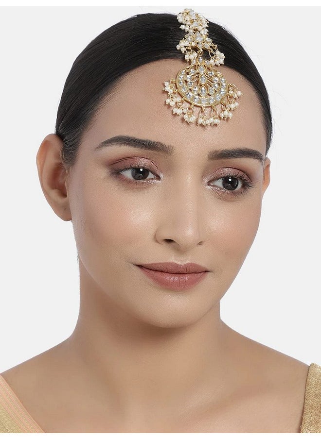 I Jewels I Jewels 18K Gold Plated Traditional Pearls Kundan Studded Maang Tikka for Women/Girls (T2872W)  - Image 2