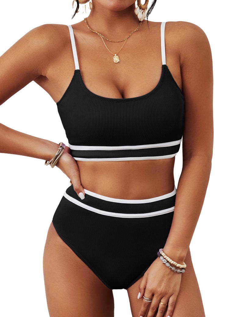 BMJL Women's High Waisted Bikini Ribbed Two Piece Swimsuit High Cut Color Block Adjustable Straps Bathing Suit(S,Black) - Image 1