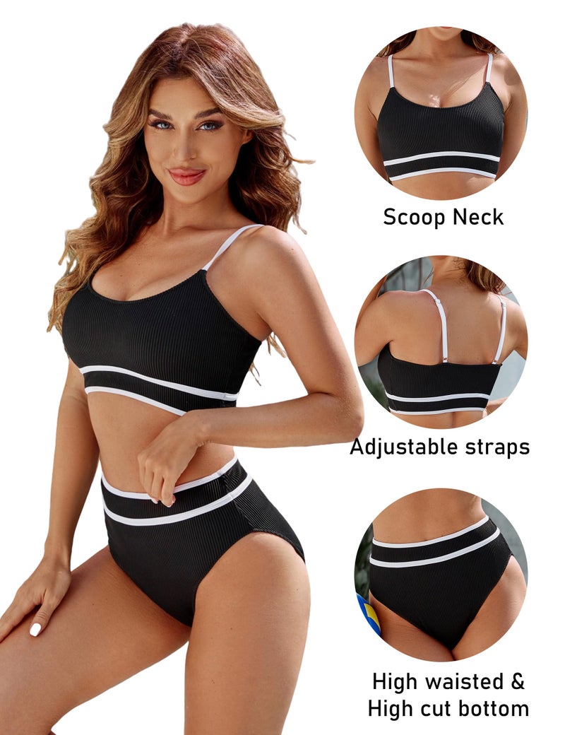 BMJL Women's High Waisted Bikini Ribbed Two Piece Swimsuit High Cut Color Block Adjustable Straps Bathing Suit(S,Black) - Image 3